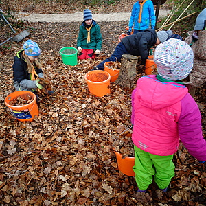 Mädchen und Jungen sammeln Laub im Barfußpark wge